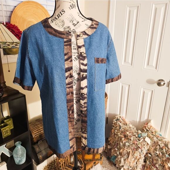 Vtg 80's Studio West Boxy Animal Print Trim Denim Short Sleeve Jacket. - Picture 6 of 15